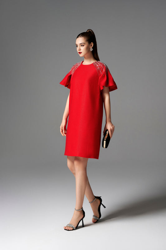 Red Shift Dress with Flutter Sleeves and Beaded Shoulder Detailing