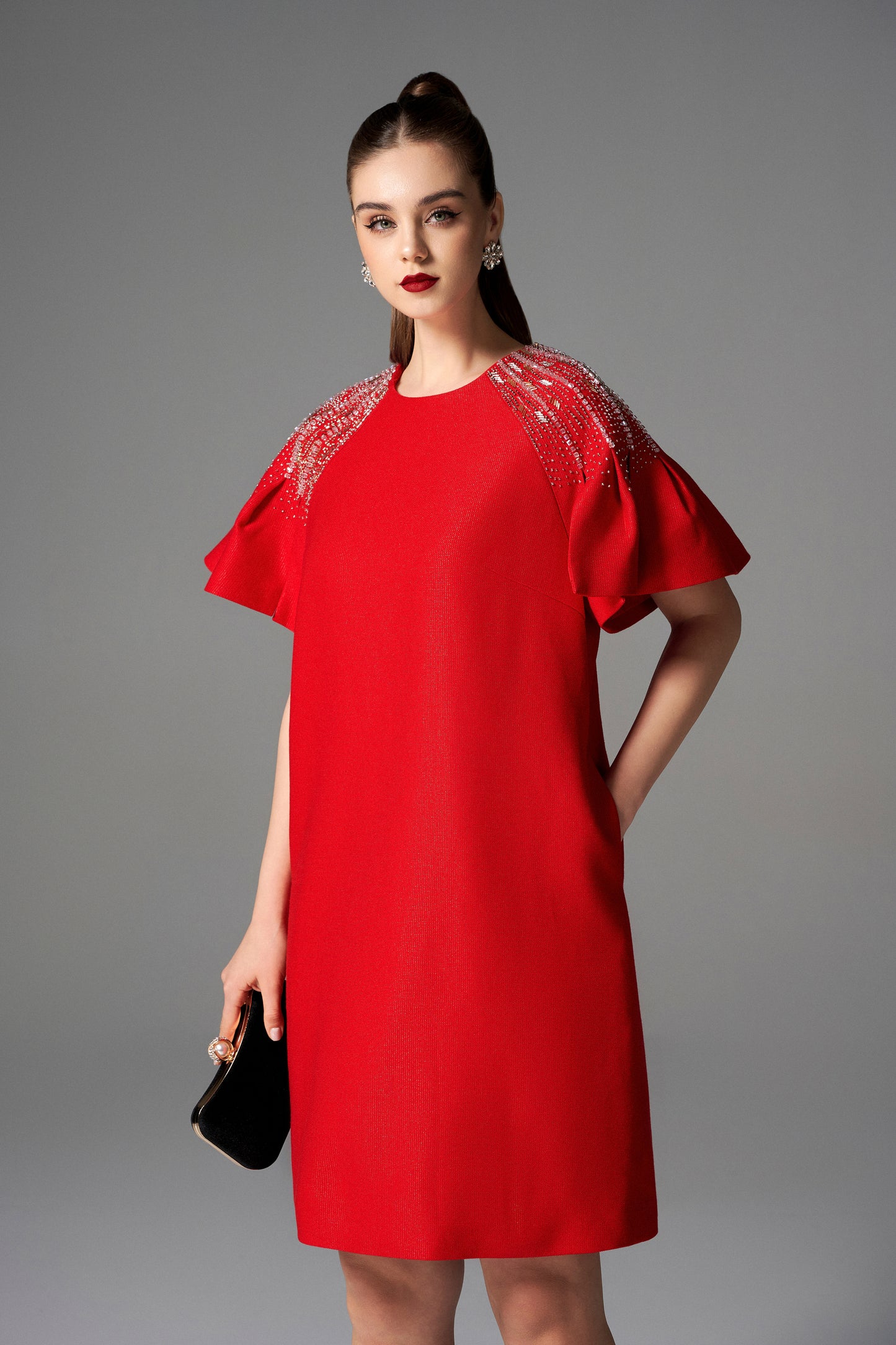 Red Shift Dress with Flutter Sleeves and Beaded Shoulder Detailing