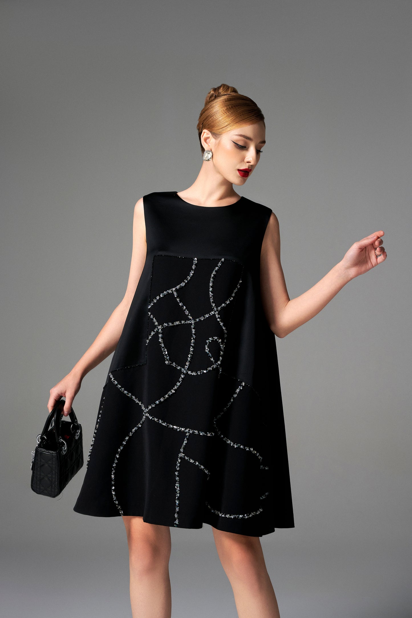 Black Sleeveless A-Line Dress with Abstract Beaded Design