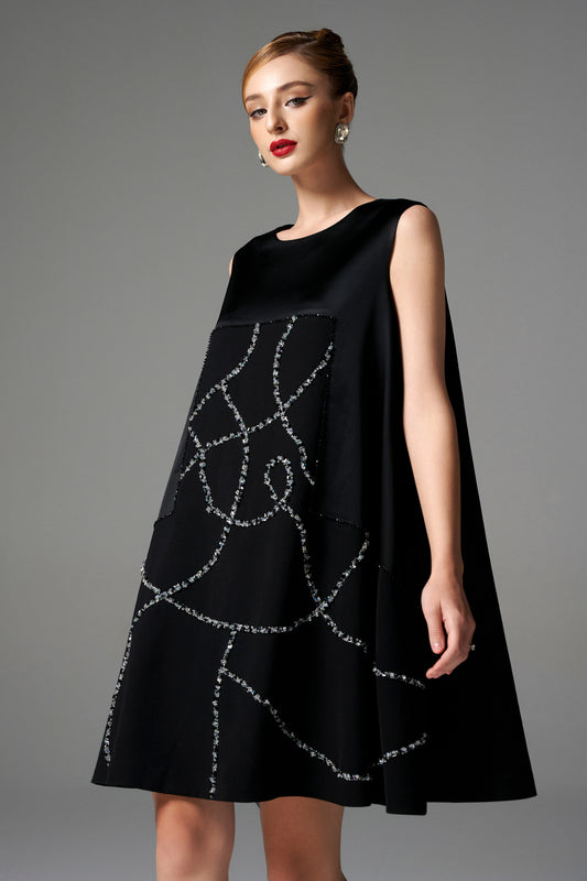 Black Sleeveless A-Line Dress with Abstract Beaded Design