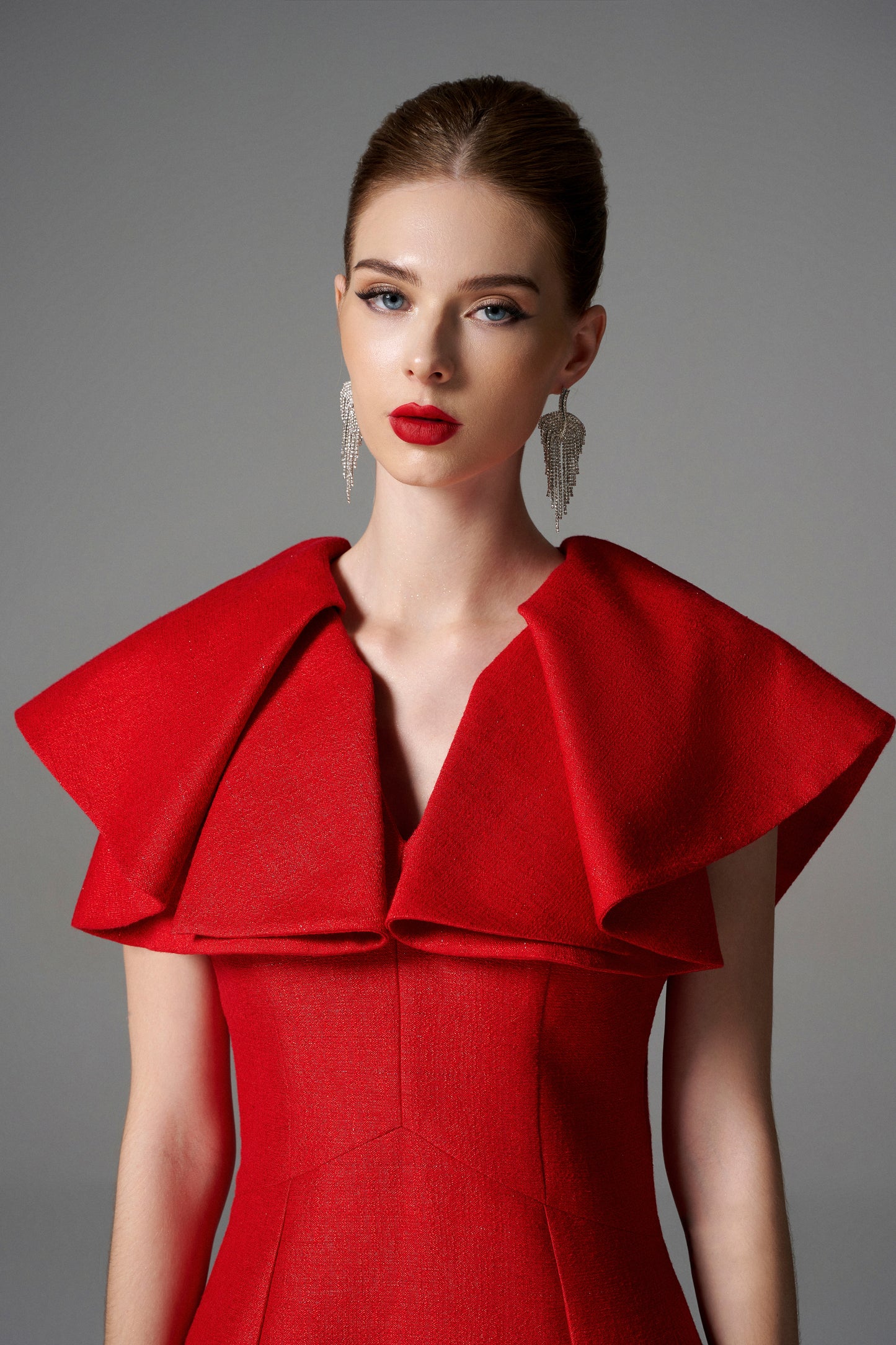 Red Ruffled Sleeveless Bodycon Dress with Statement Collar