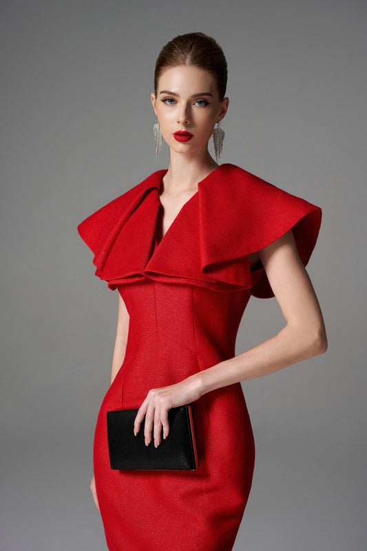 Red Ruffled Sleeveless Bodycon Dress with Statement Collar