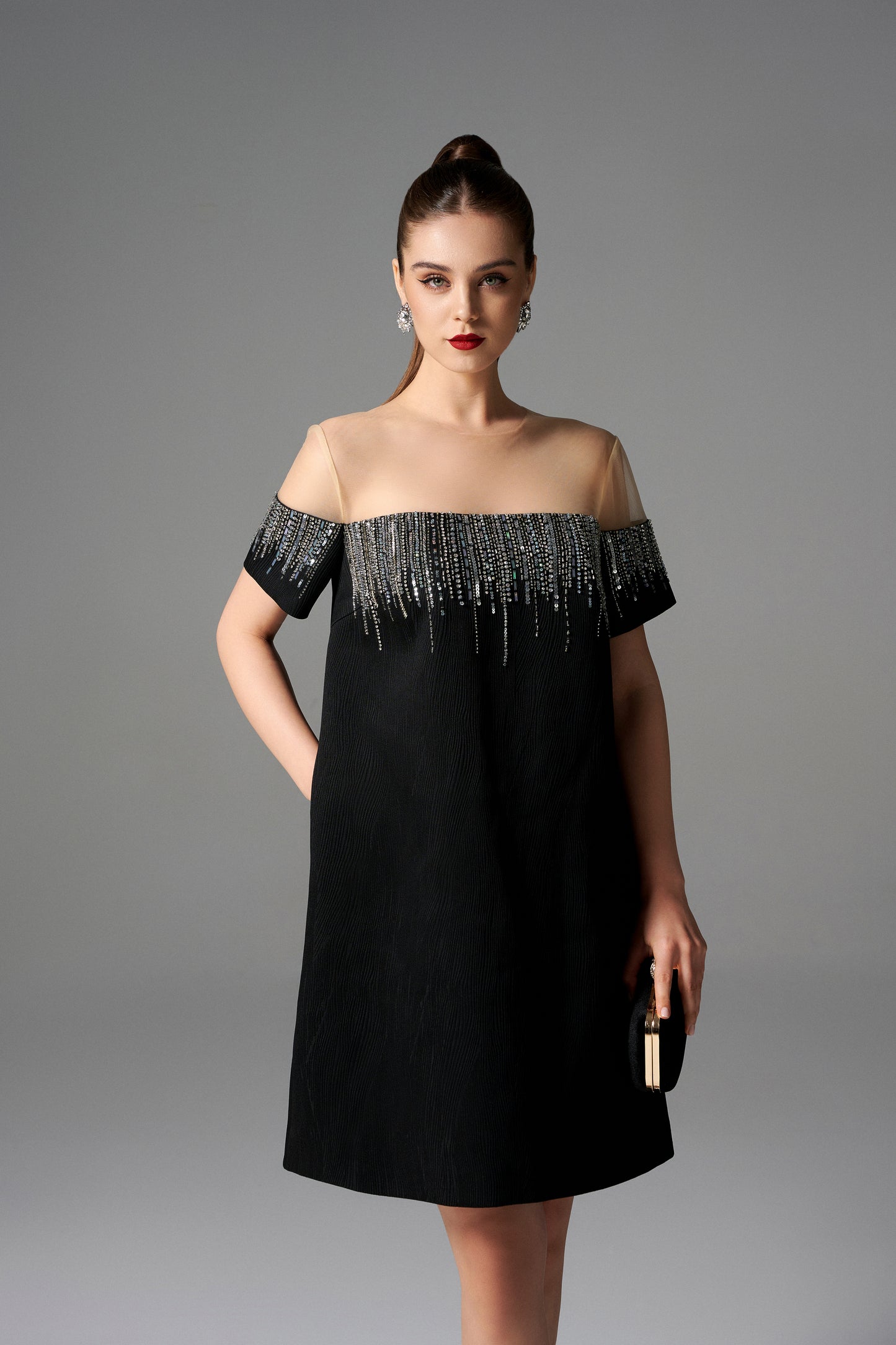 Black Off-Shoulder A-Line Dress with Beaded Embellishments