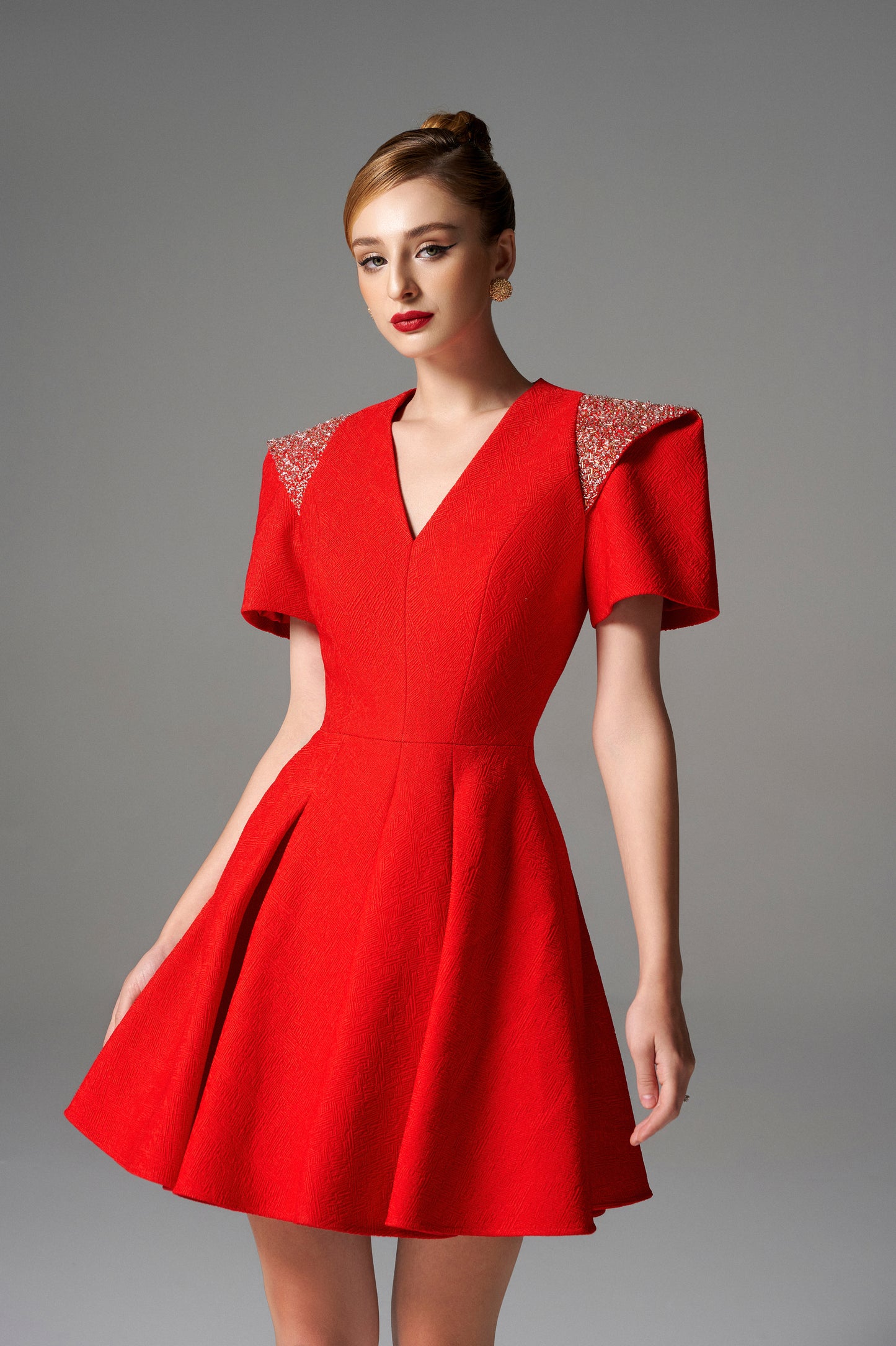 Red V-Neck Short Sleeve Skater Dress with Beaded Shoulder Accents