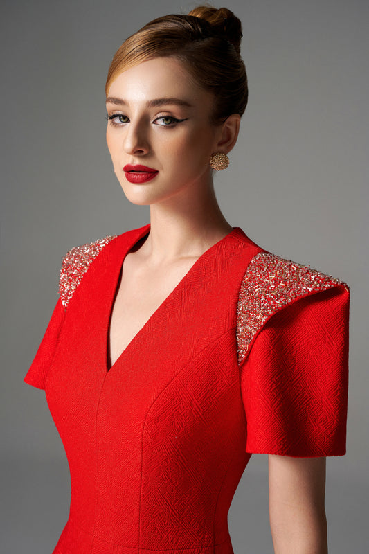 Red V-Neck Short Sleeve Skater Dress with Beaded Shoulder Accents