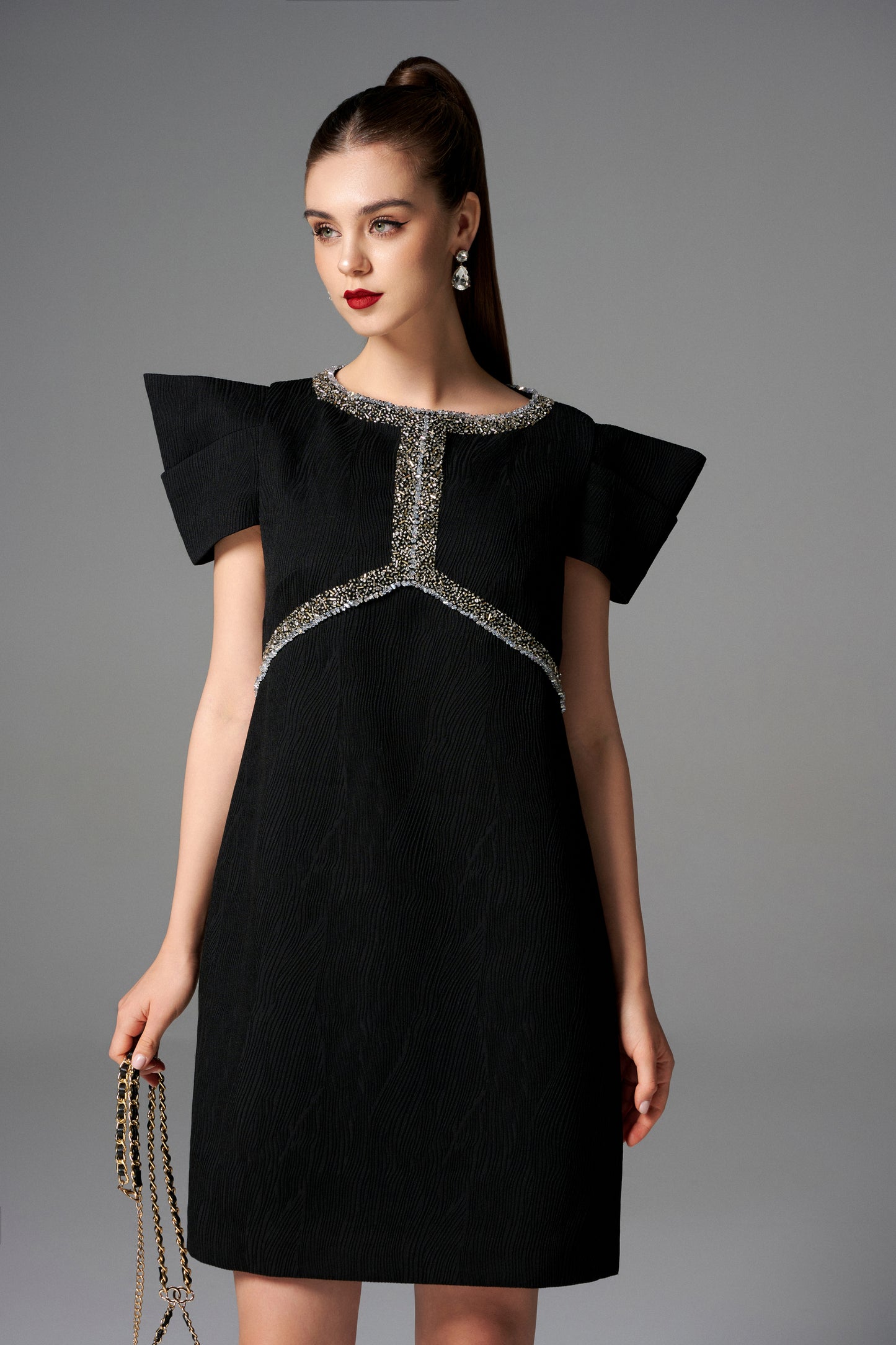 Black Structured A-Line Dress with Crystal Embellishments and Angular Sleeves