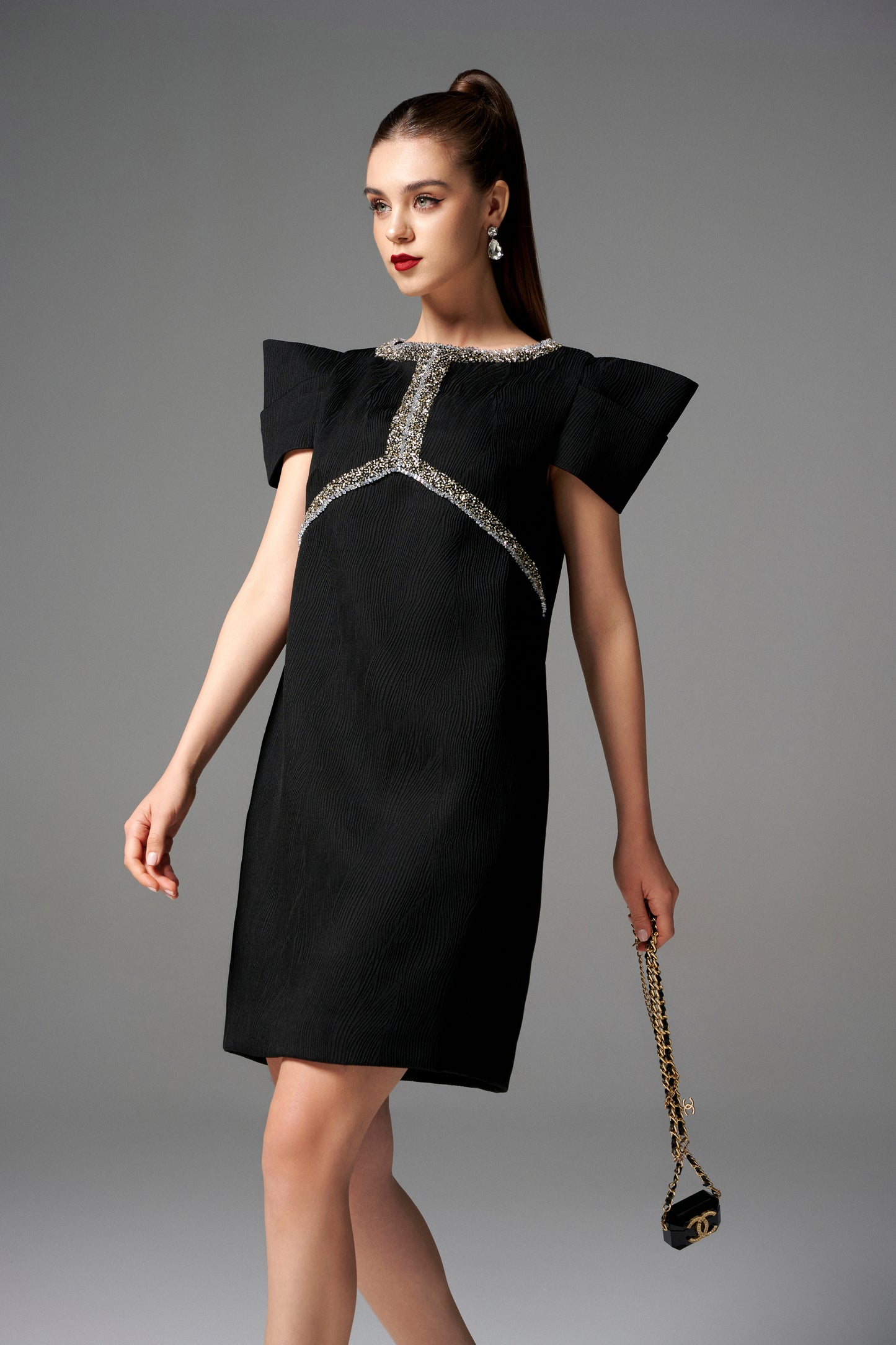 Black Structured A-Line Dress with Crystal Embellishments and Angular Sleeves