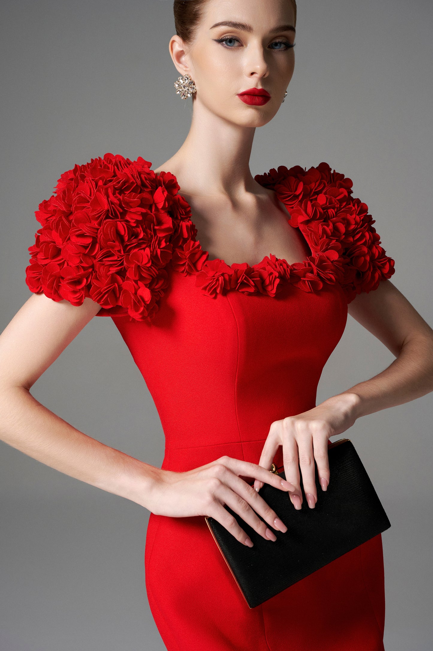 Red Cocktail Dress with Floral Puff Sleeves
