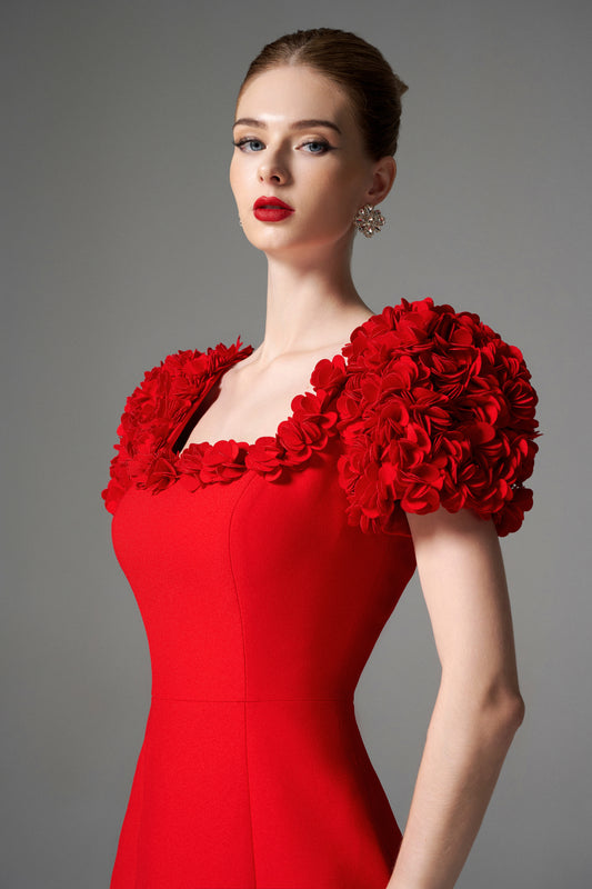 Red Cocktail Dress with Floral Puff Sleeves