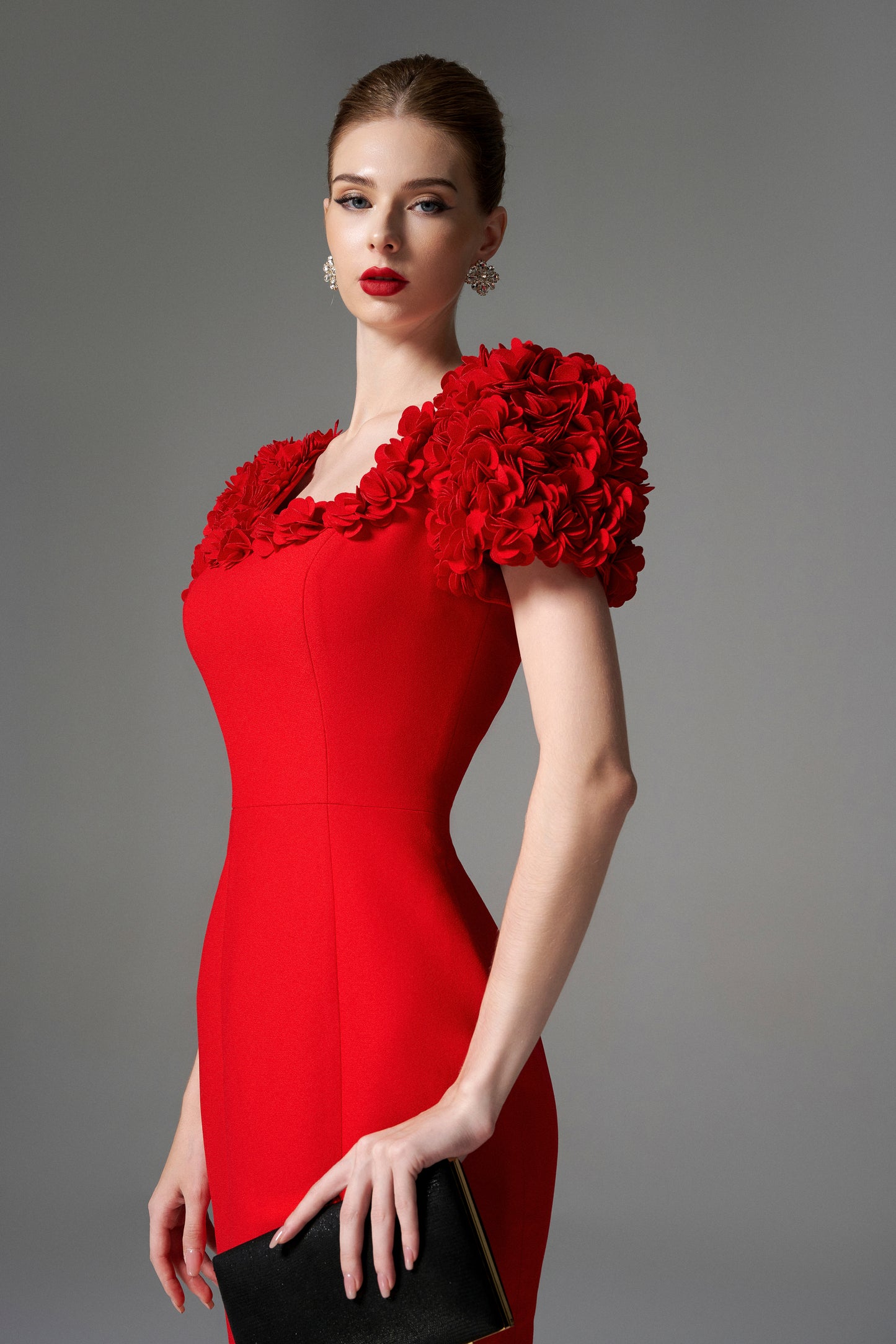 Red Cocktail Dress with Floral Puff Sleeves