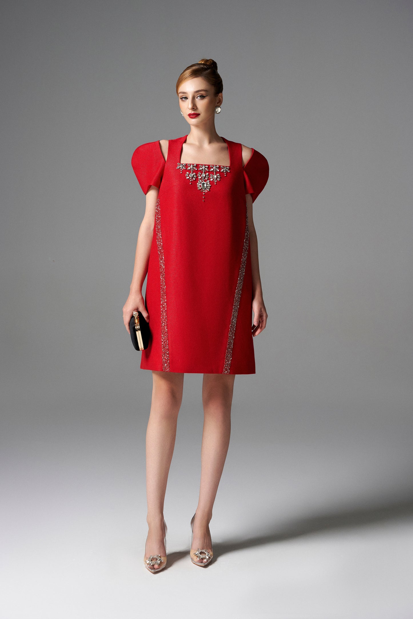 Red Cocktail Dress with Embellished Neckline