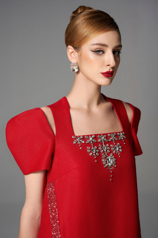 Red Cocktail Dress with Embellished Neckline