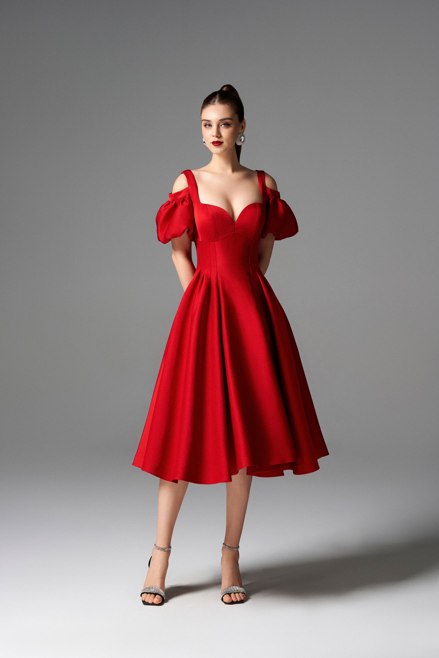 Red Off-the-Shoulder Puff Sleeve Midi Dress