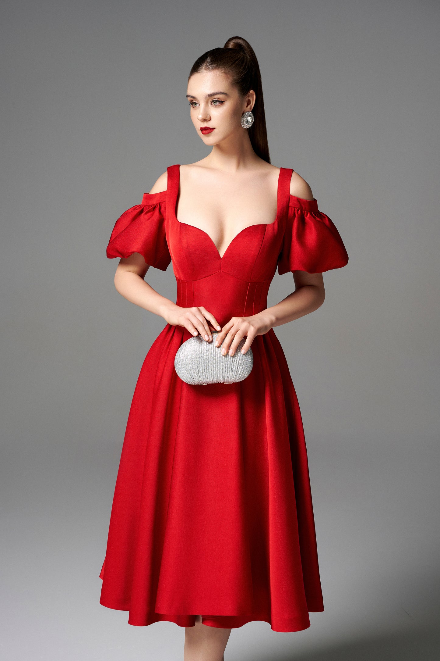 Red Off-the-Shoulder Puff Sleeve Midi Dress
