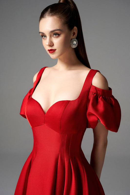 Red Off-the-Shoulder Puff Sleeve Midi Dress