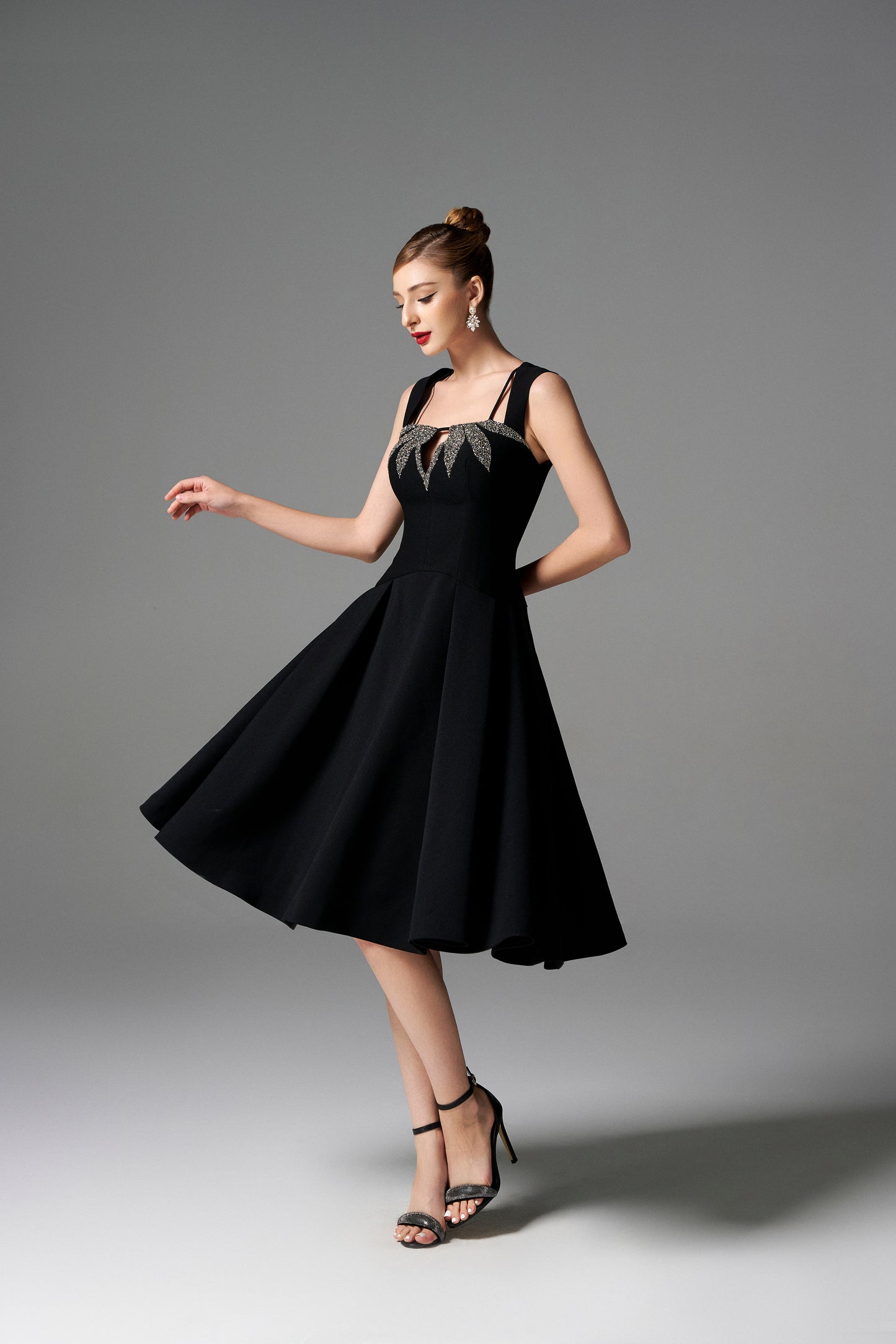 Black A-Line Evening Dress with Embellished Leaf Design