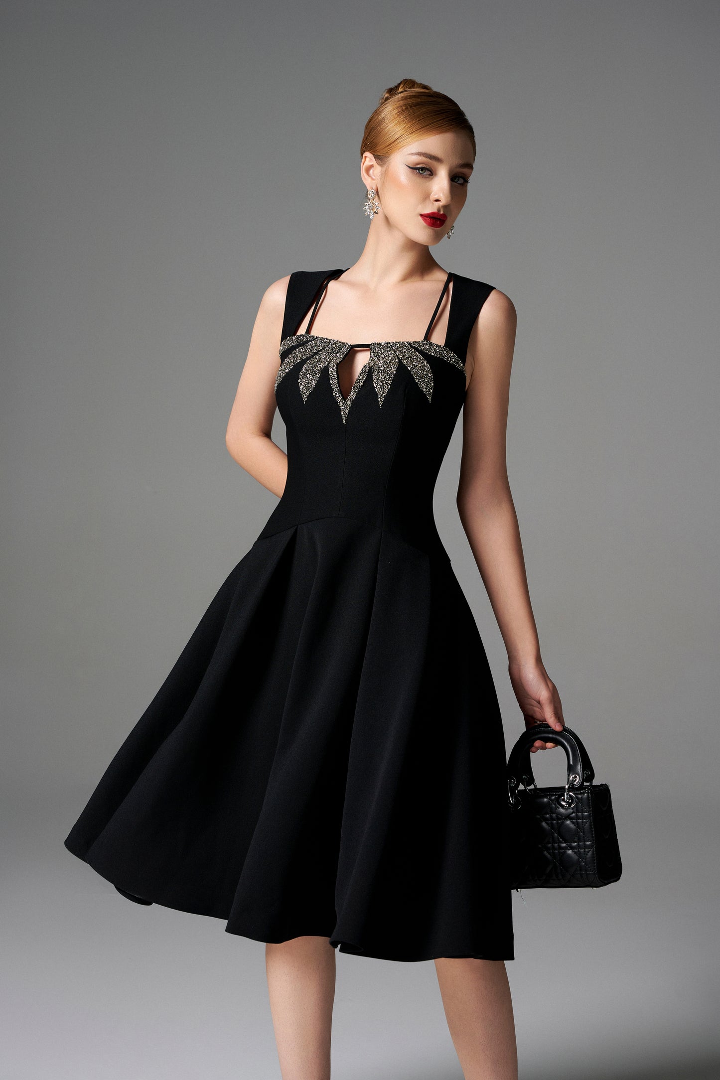 Black A-Line Evening Dress with Embellished Leaf Design