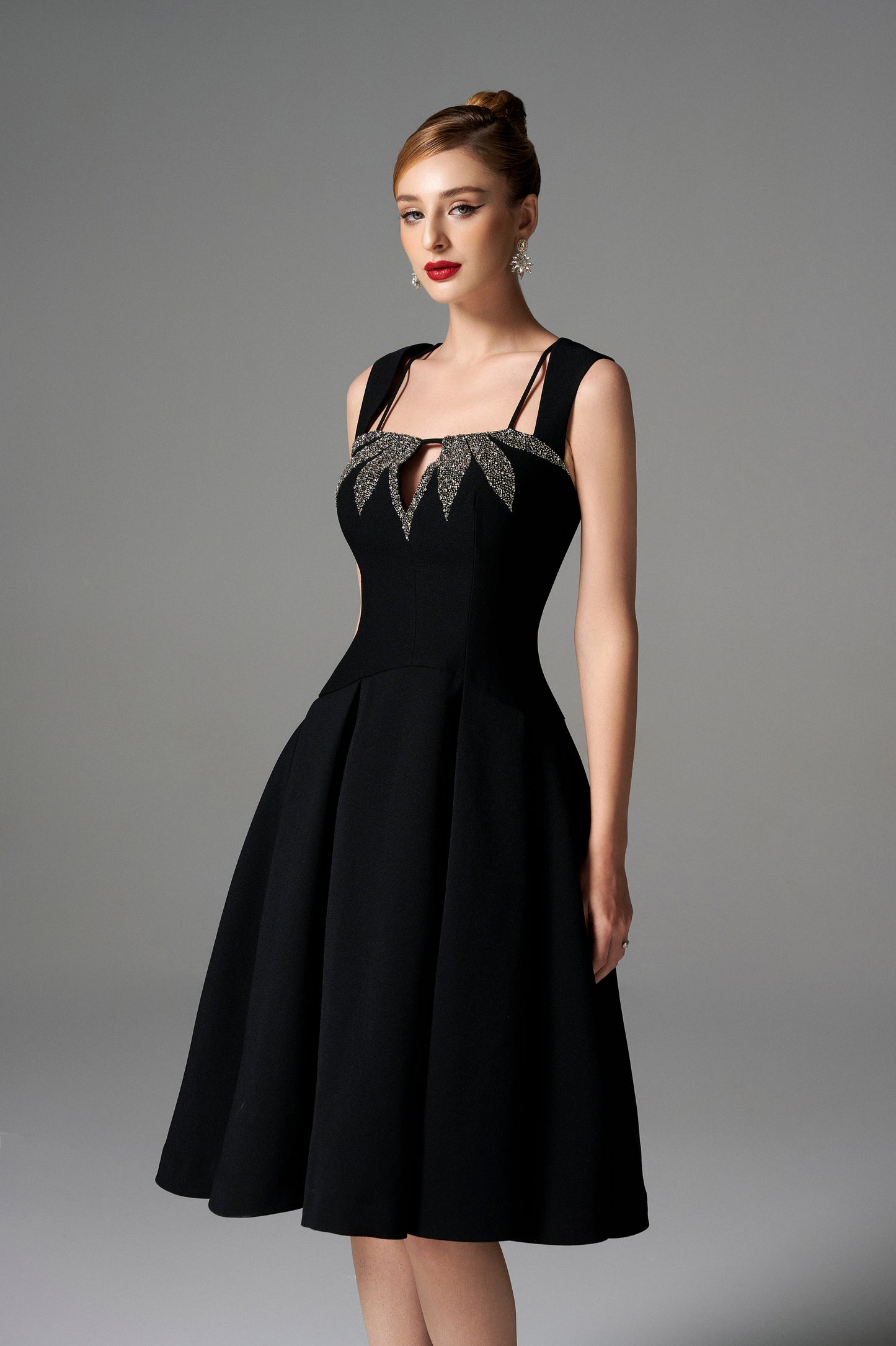 Black A-Line Evening Dress with Embellished Leaf Design