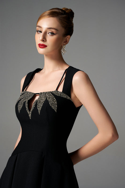 Black A-Line Evening Dress with Embellished Leaf Design