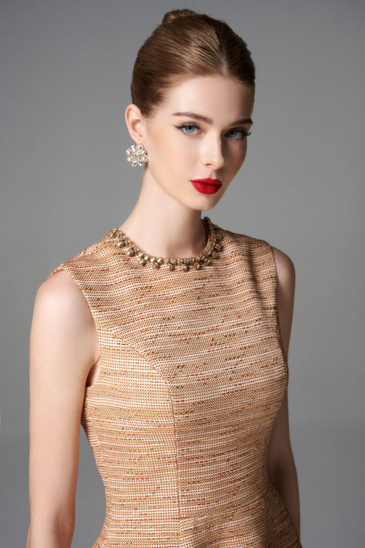 Sleeveless Textured A-Line Mini Dress in Gold