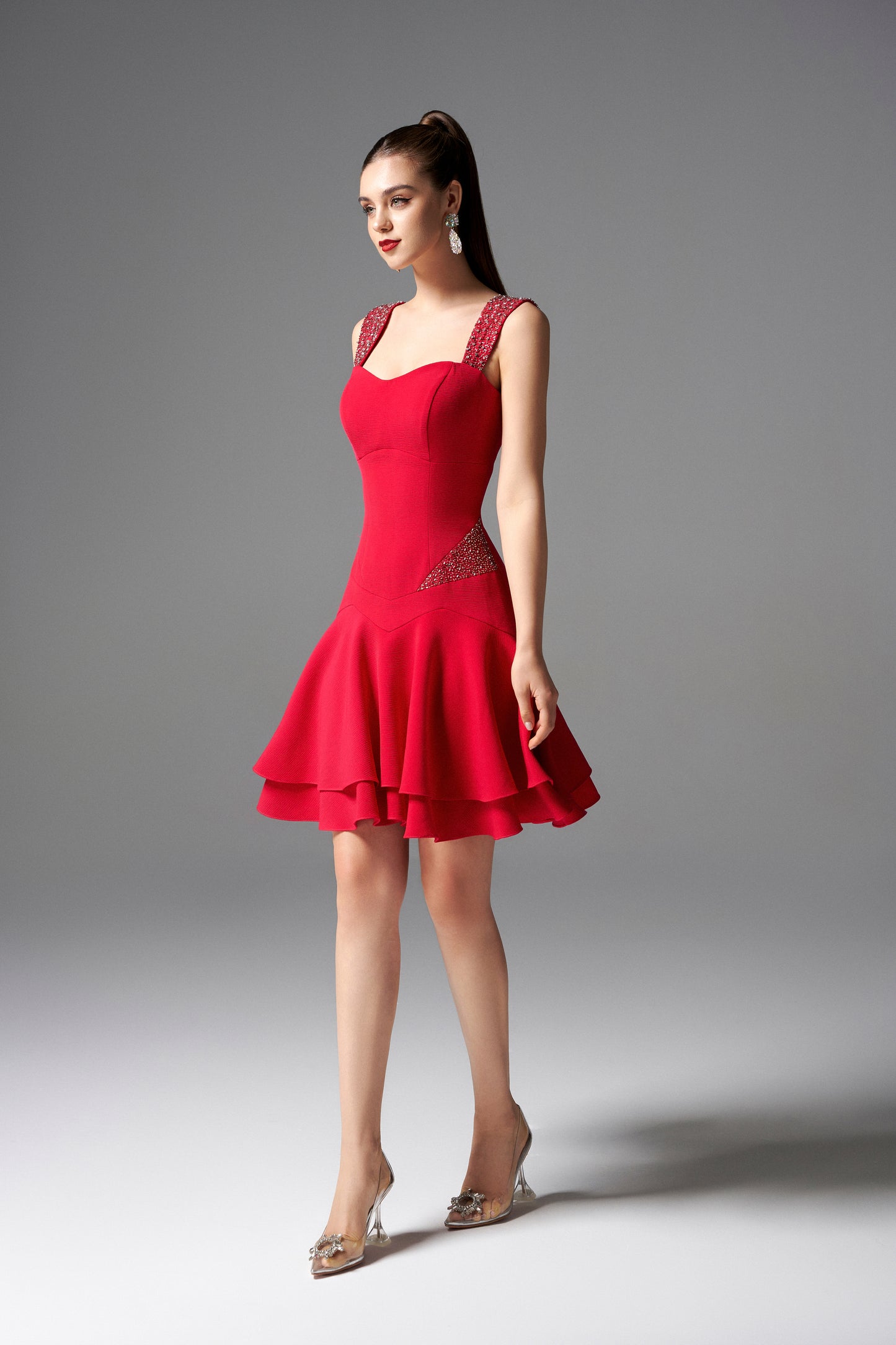Red Fit and Flare Cocktail Dress with Embellished Straps