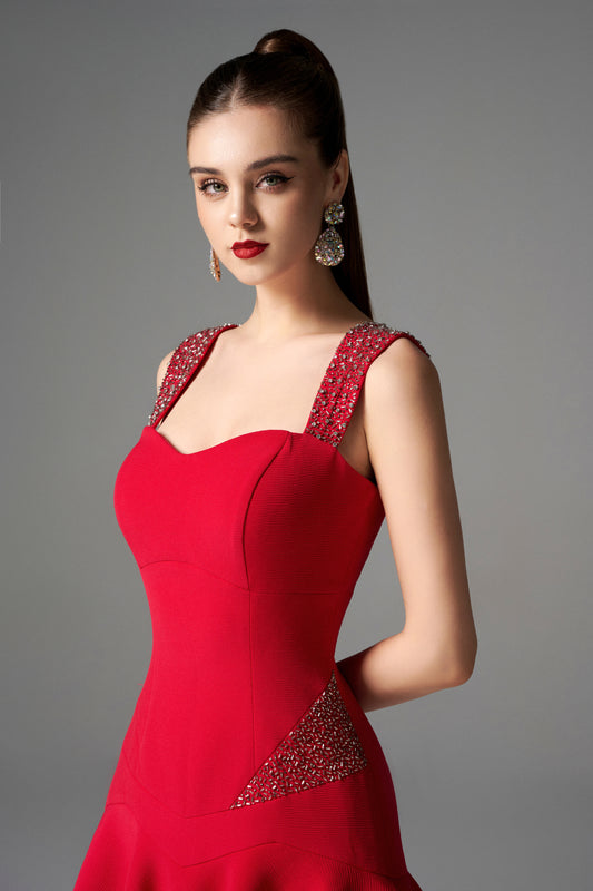 Red Fit and Flare Cocktail Dress with Embellished Straps