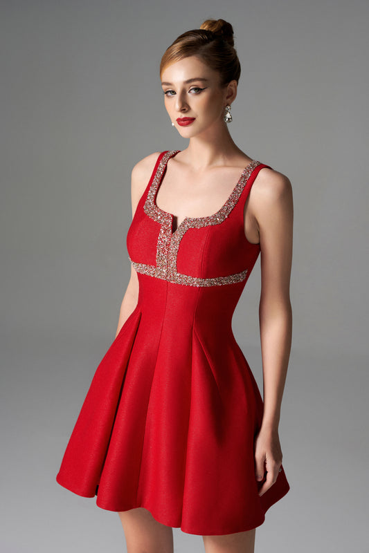 Red Fit-and-Flare Mini Dress with Crystal Embellished Neckline
