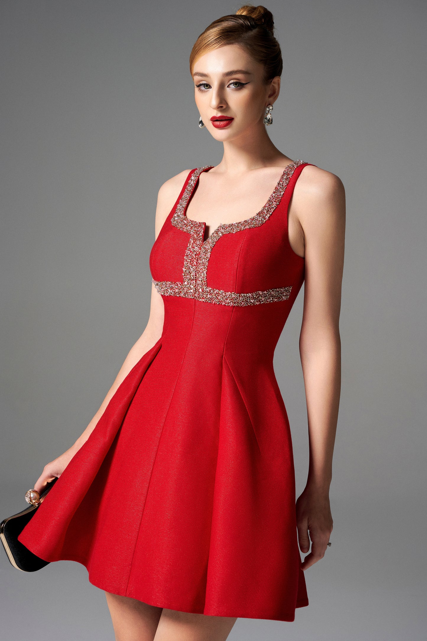 Red Fit-and-Flare Mini Dress with Crystal Embellished Neckline