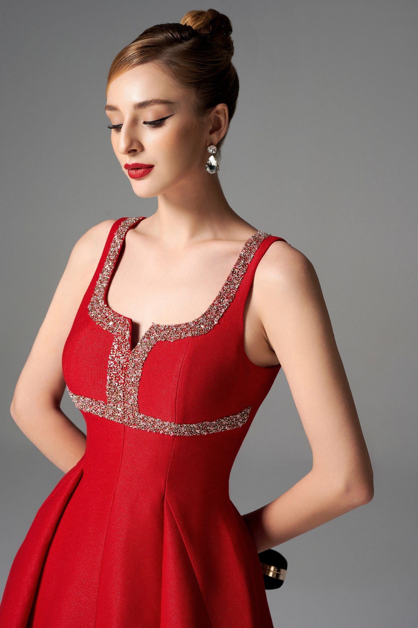 Red Fit-and-Flare Mini Dress with Crystal Embellished Neckline