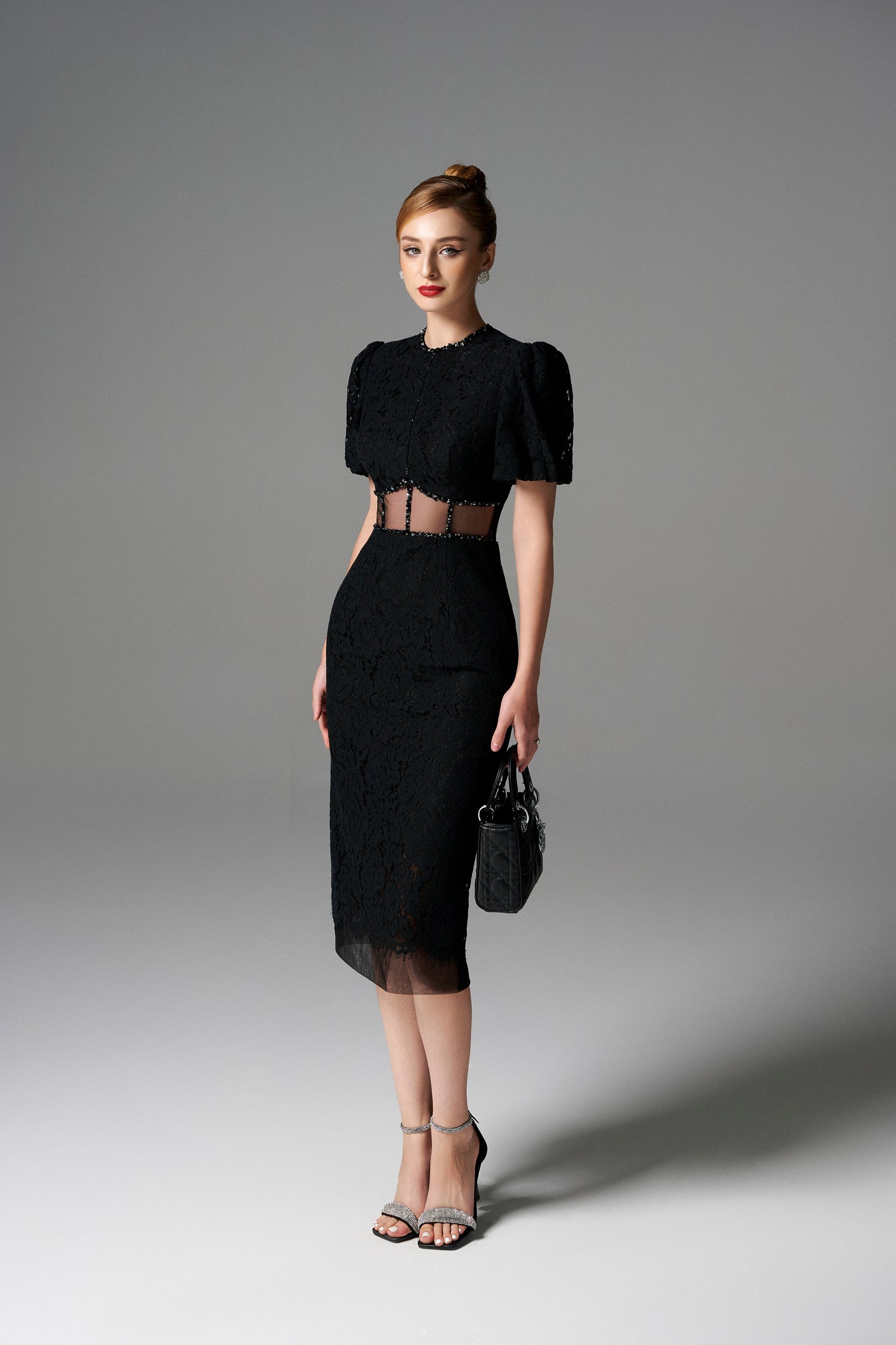 Black Lace Midi Dress with Sheer Cutout Waist
