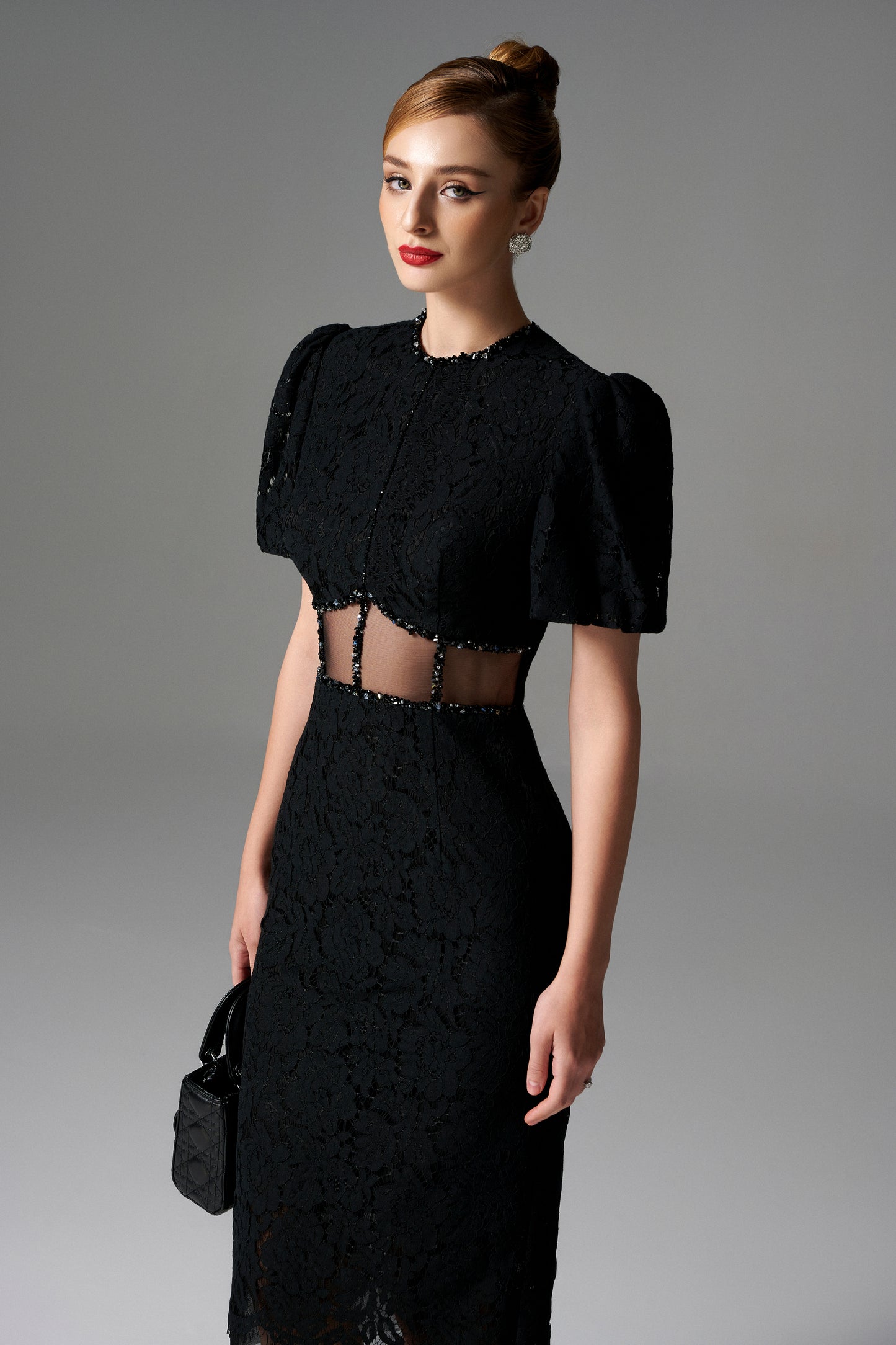 Black Lace Midi Dress with Sheer Cutout Waist
