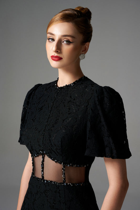 Black Lace Midi Dress with Sheer Cutout Waist