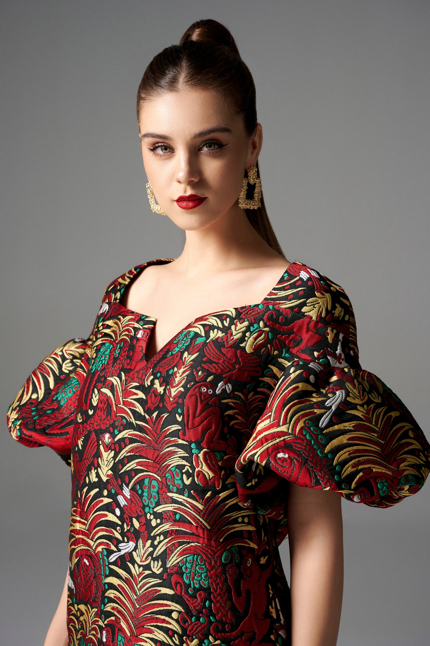 Puff-Sleeve Floral Brocade Mini Dress - Red and Gold Print