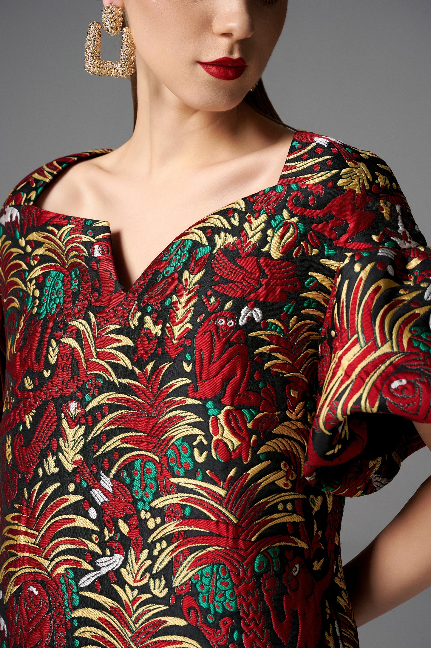 Puff-Sleeve Floral Brocade Mini Dress - Red and Gold Print
