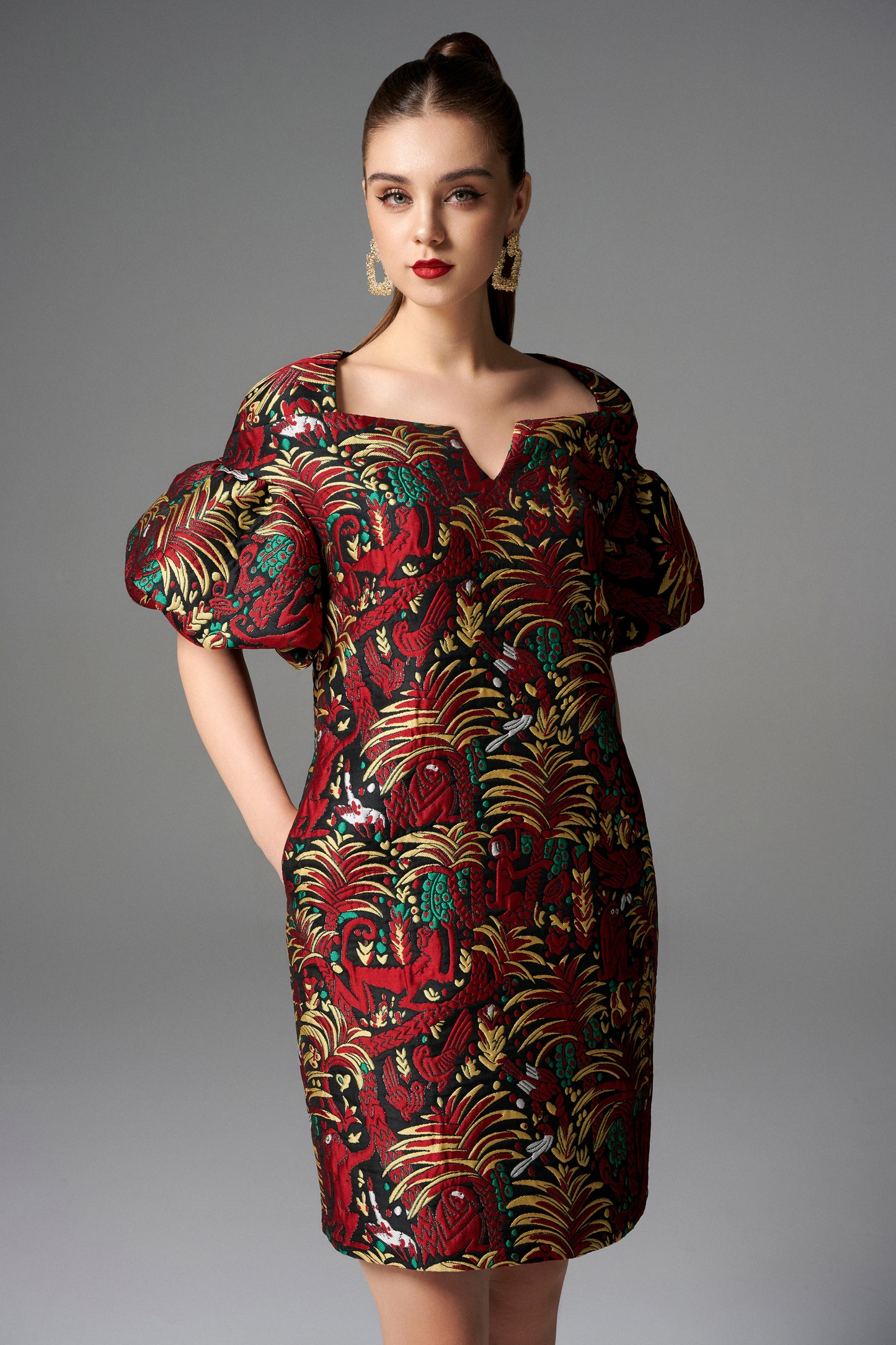 Puff-Sleeve Floral Brocade Mini Dress - Red and Gold Print