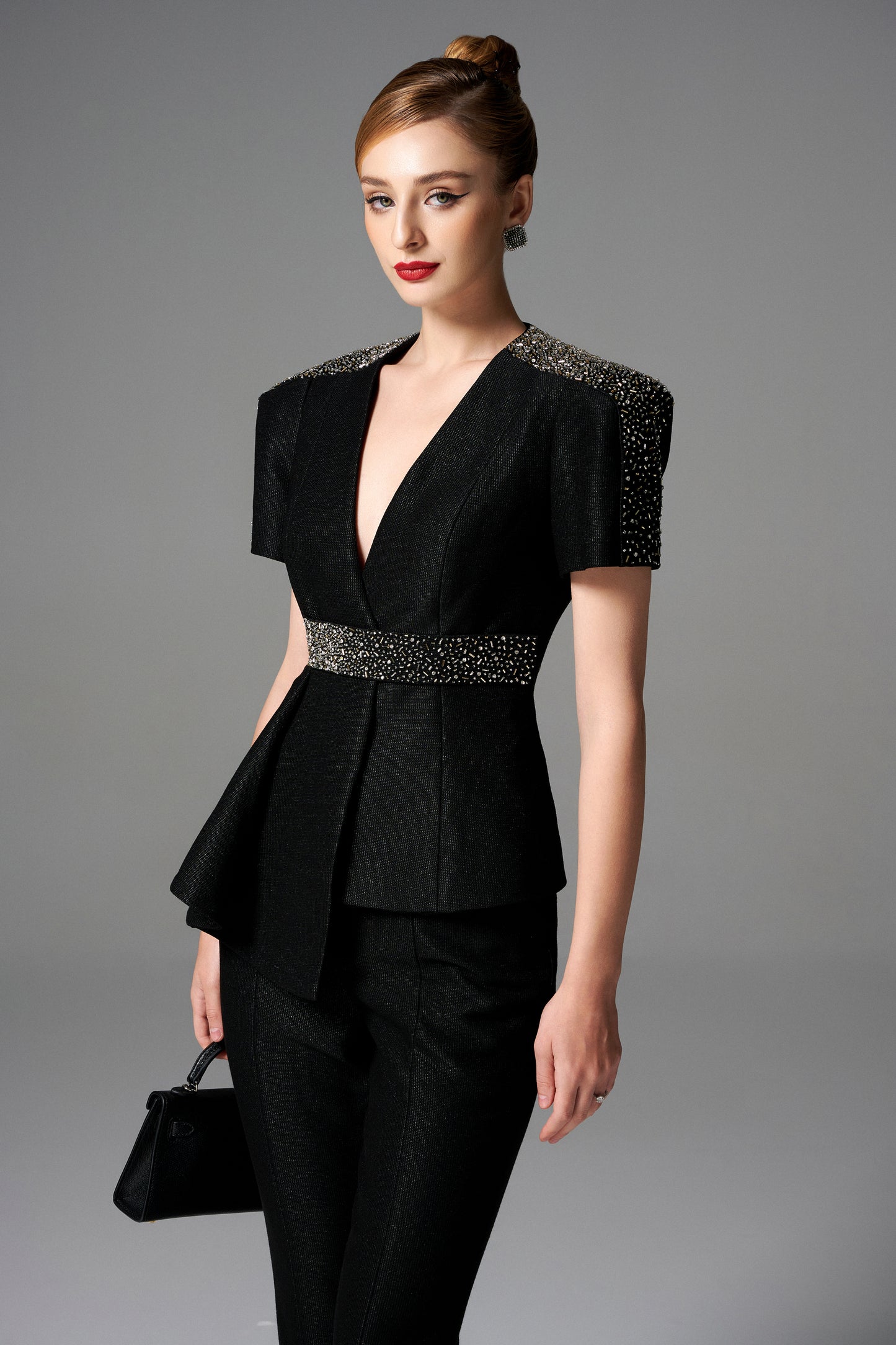 Black Peplum Blazer and Slim Pants Set with Rhinestone Accents