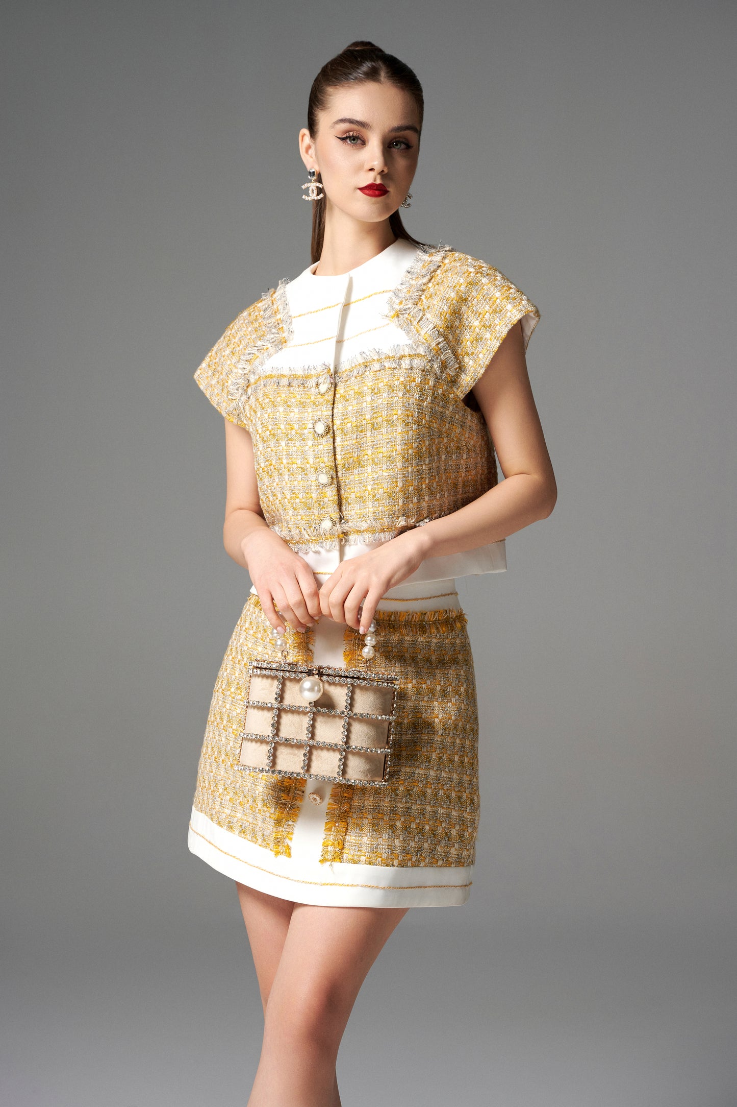 Two-Piece Tweed Mini Skirt Set with Gold Accents