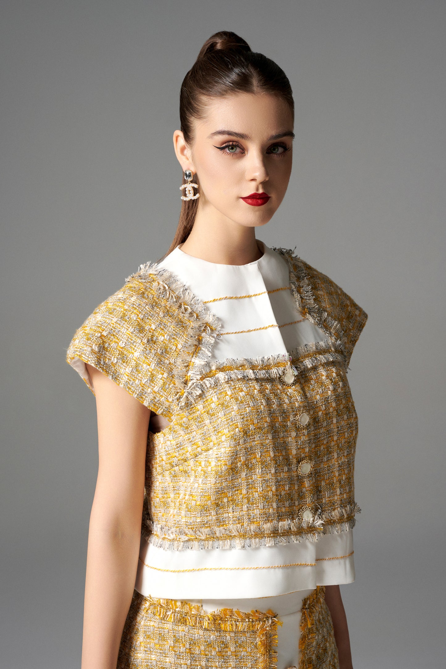 Two-Piece Tweed Mini Skirt Set with Gold Accents