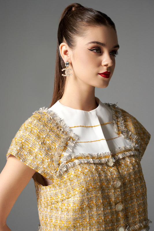 Two-Piece Tweed Mini Skirt Set with Gold Accents