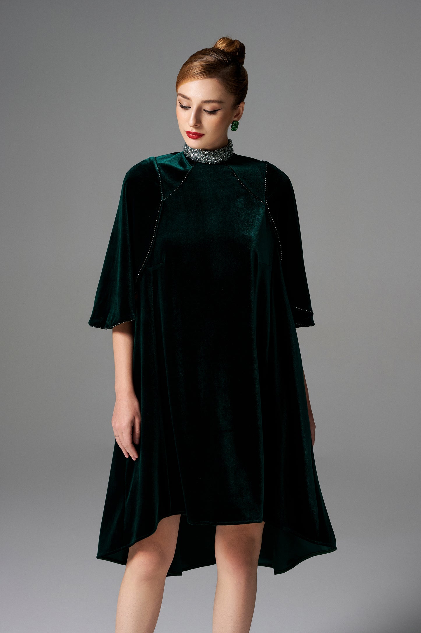 Emerald Green Velvet High-Low Dress with Beaded Collar