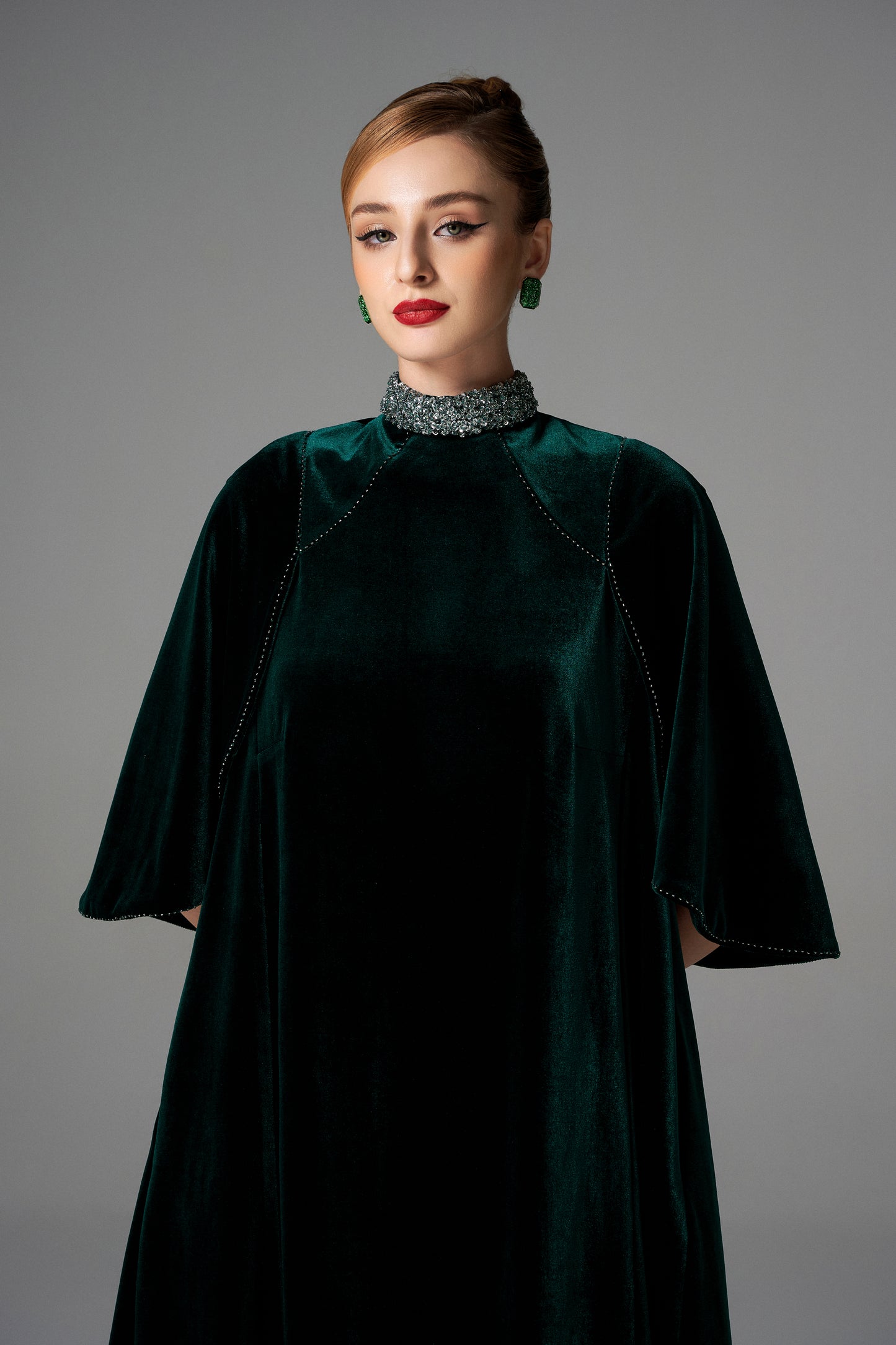 Emerald Green Velvet High-Low Dress with Beaded Collar