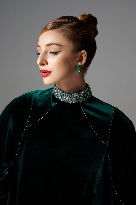 Emerald Green Velvet High-Low Dress with Beaded Collar