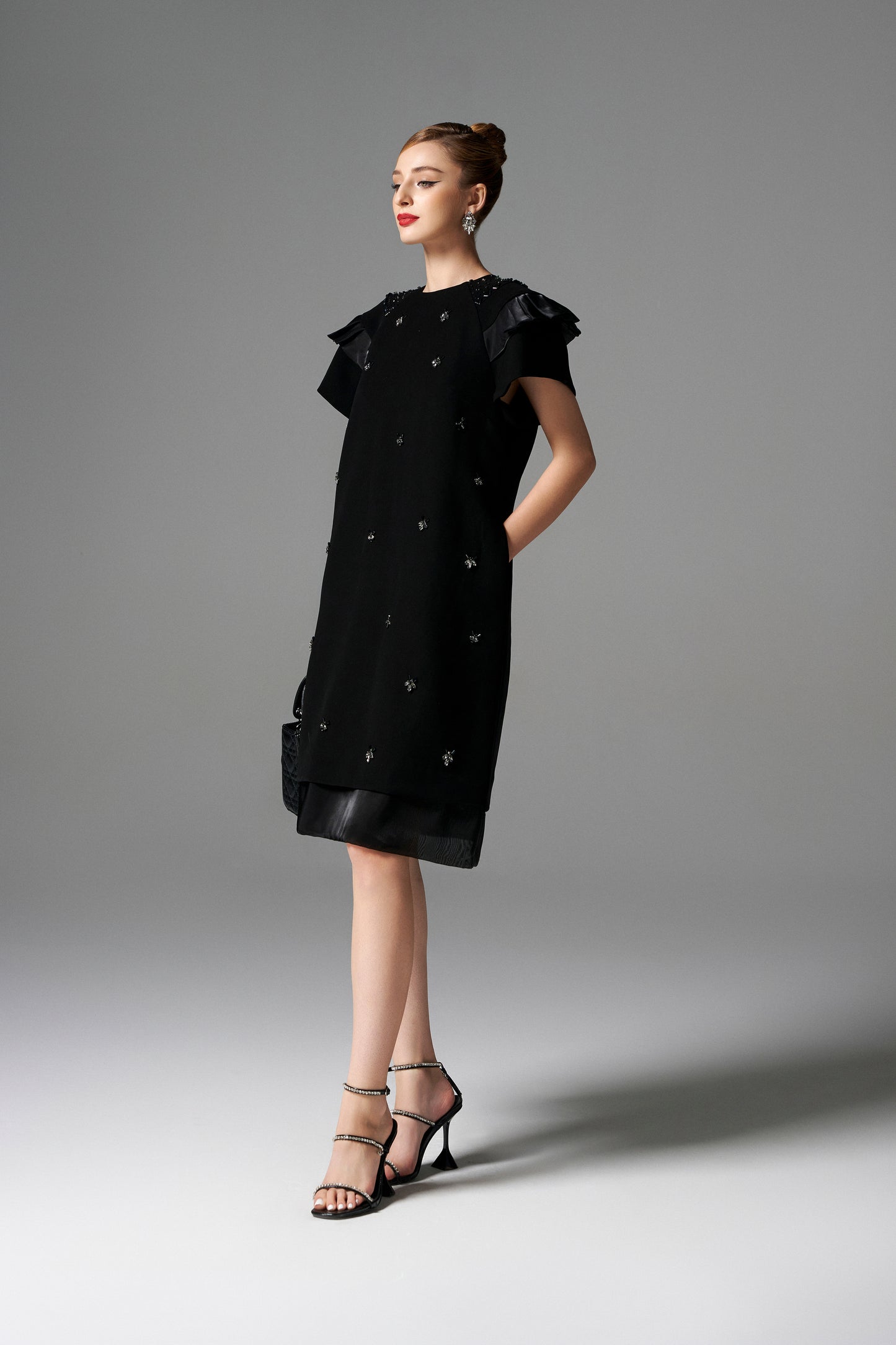 Black Beaded A-Line Shift Dress with Ruffled Sleeves