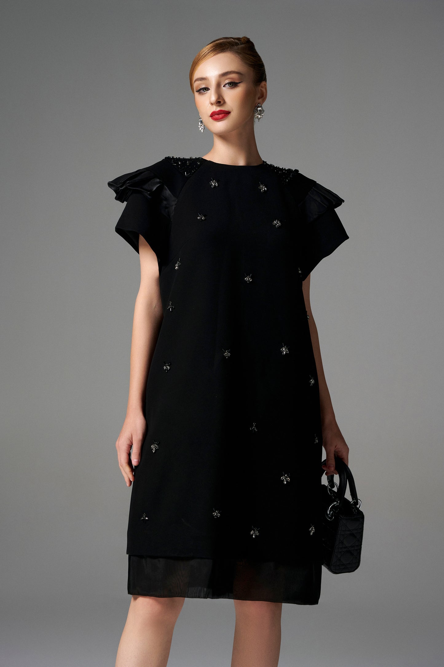 Black Beaded A-Line Shift Dress with Ruffled Sleeves