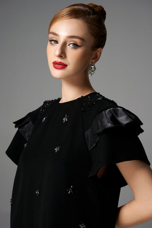Black Beaded A-Line Shift Dress with Ruffled Sleeves