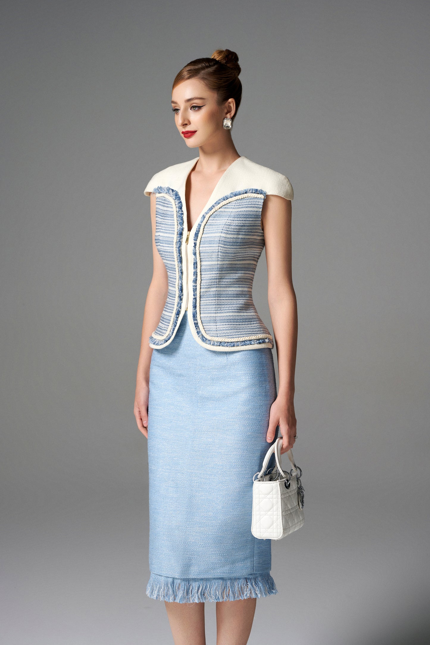 Powder Blue Tweed Sleeveless Jacket & Fringe Hem Midi Skirt Set for Women