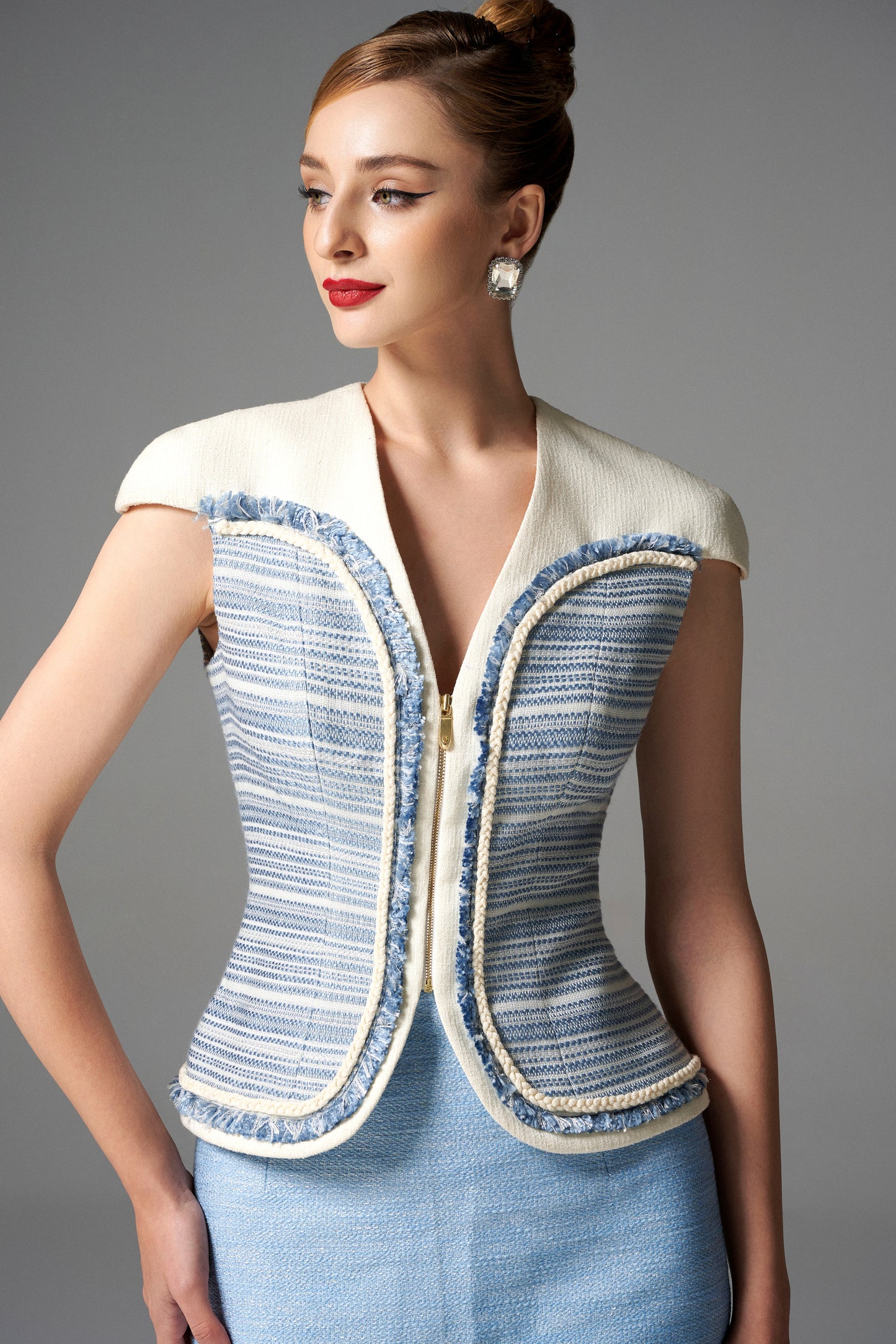 Powder Blue Tweed Sleeveless Jacket & Fringe Hem Midi Skirt Set for Women