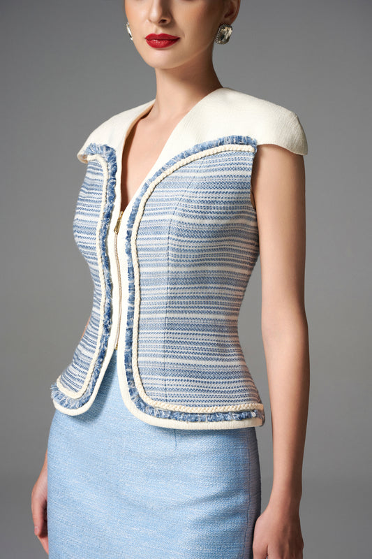 Powder Blue Tweed Sleeveless Jacket & Fringe Hem Midi Skirt Set for Women