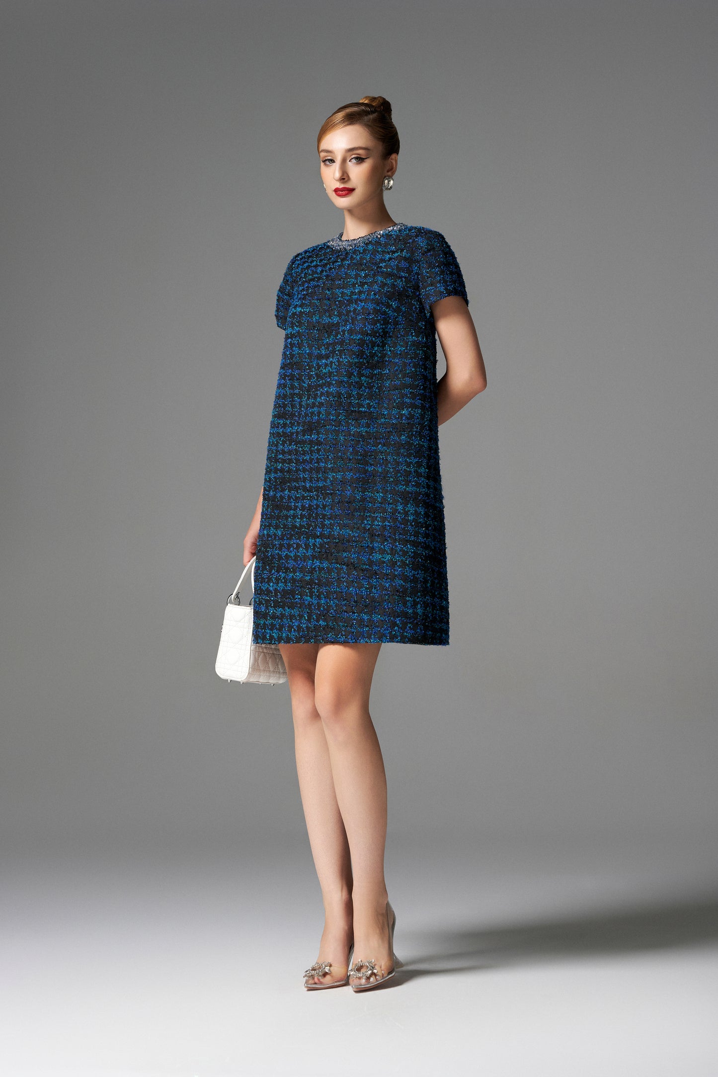 Blue and Black Tweed Shift Dress with Beaded Collar