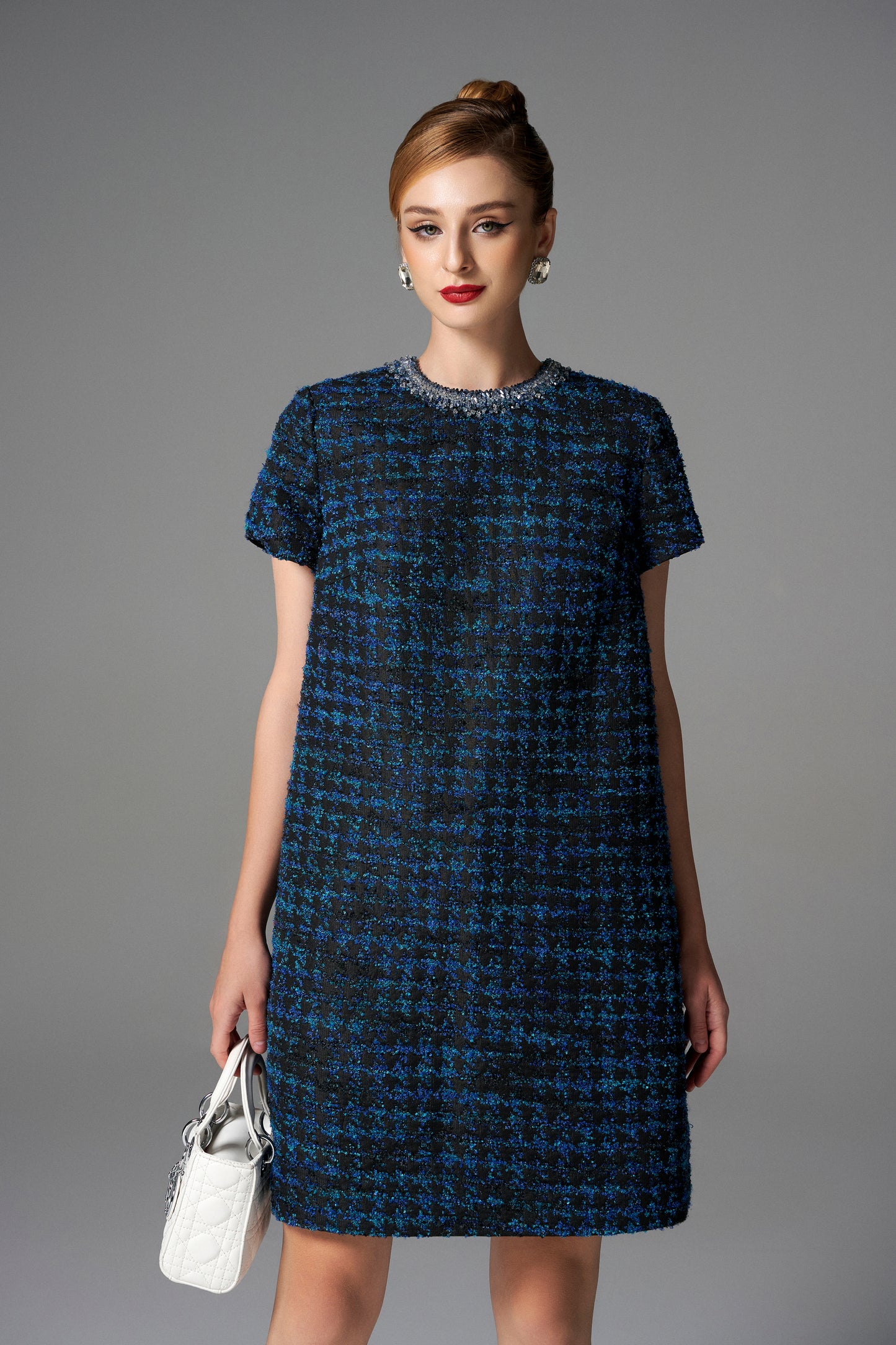 Blue and Black Tweed Shift Dress with Beaded Collar
